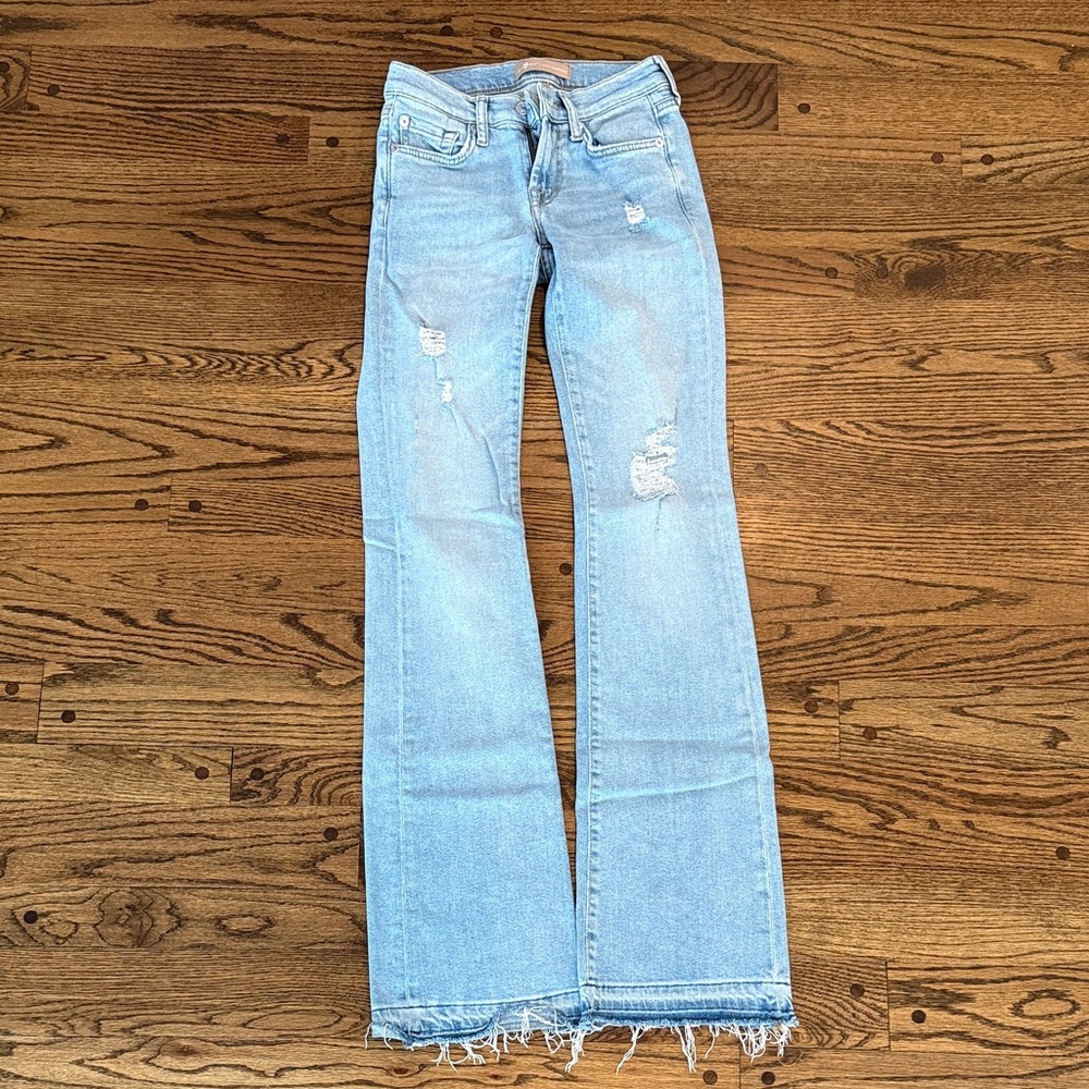 7 For All Mankind Lux Vintage Light Blue Distressed Flare Jeans